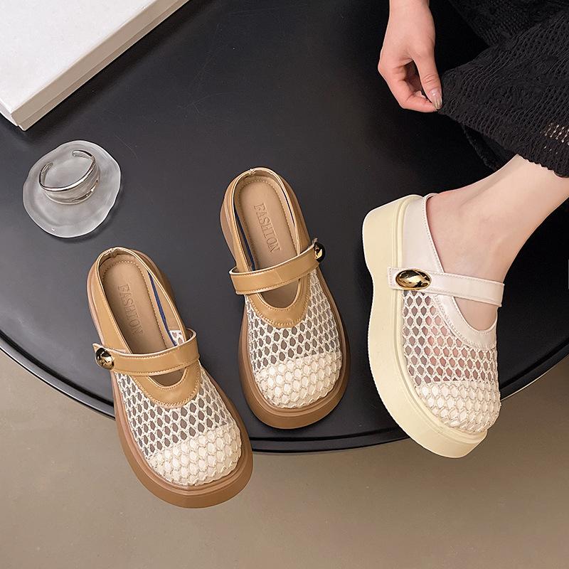 Half slippers 2025 summer new round head fashion Korean version mesh breathable platform casual slippers women's shoes cool slippers