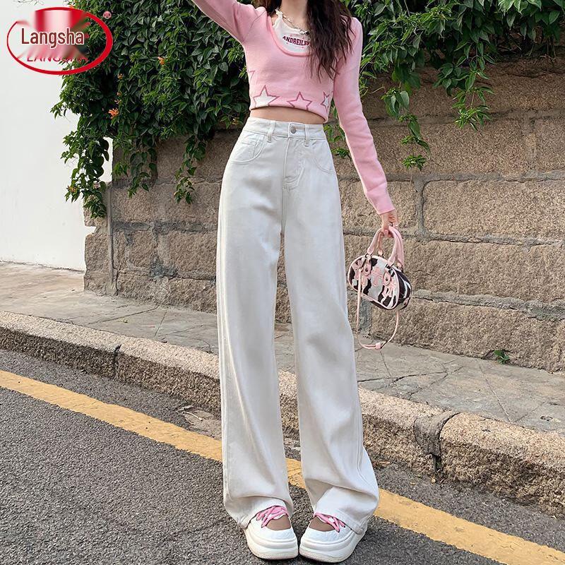 

Женские белые джинсы Langsha с высокой посадкой и широкими штанинами XL