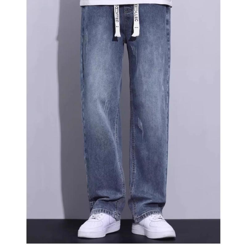 Men's Thin Loose Straight-Leg Jeans for Autumn, Trendy Brand Casual Long Pants for Boys Loose Fit Drawstring Jeans Men's