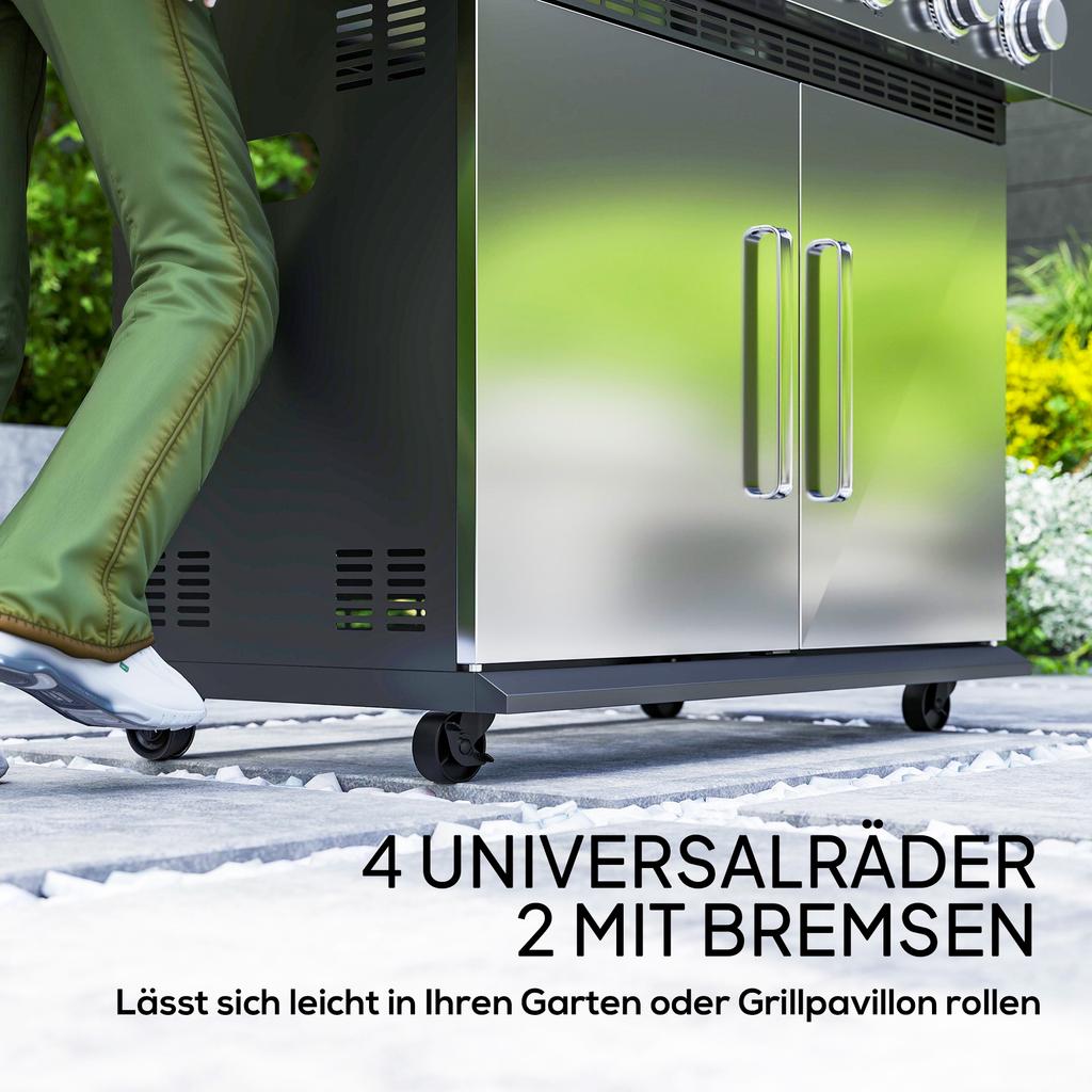 Gas Grill 8500BTU Grill Cart Incl. 6 Stainless Steel Burners, Thermometer, Pressure Regulator, 143 X 55 X 110 Cm, Silver