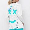 Women Plus Size Blue Pink White Printed V Neck Long Sleeve Nurse Scrub Top With Front Pockets