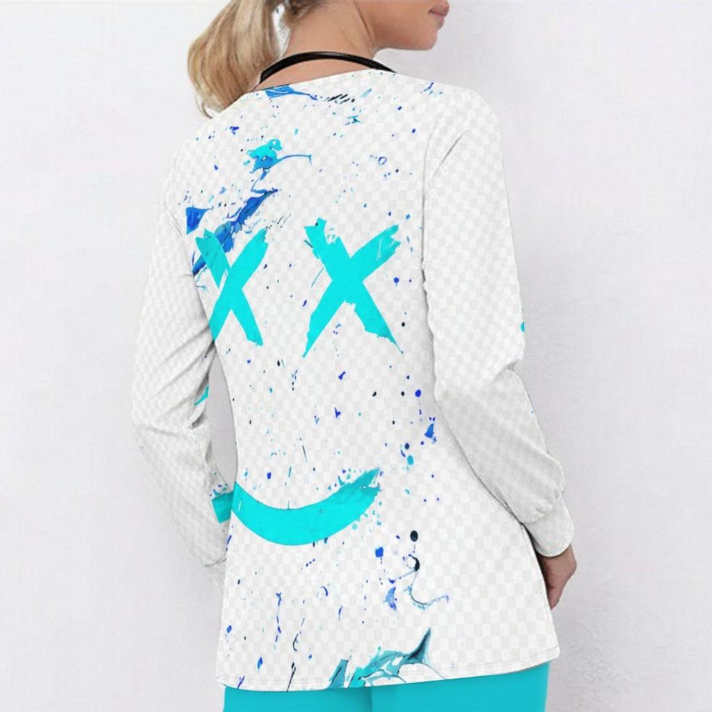 Women Plus Size Blue Pink White Printed V Neck Long Sleeve Nurse Scrub Top With Front Pockets