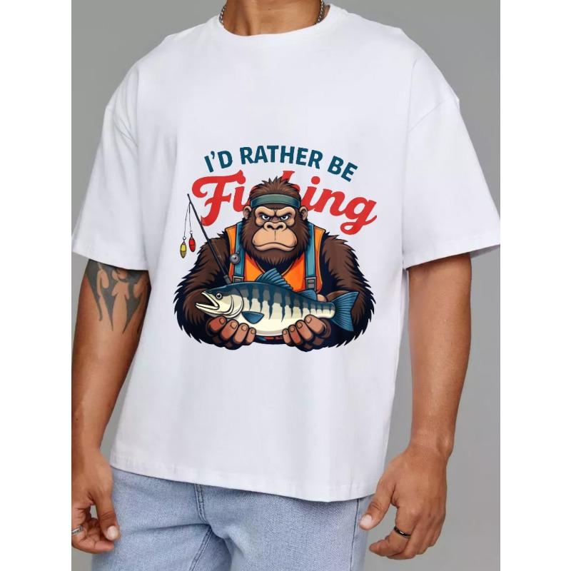 Angeln T-Shirt Weiß Affe hält Fisch Ich wäre lieber beim Angeln Grafikdesign für Outdoor-Aktivitäten und Freizeitkleidung