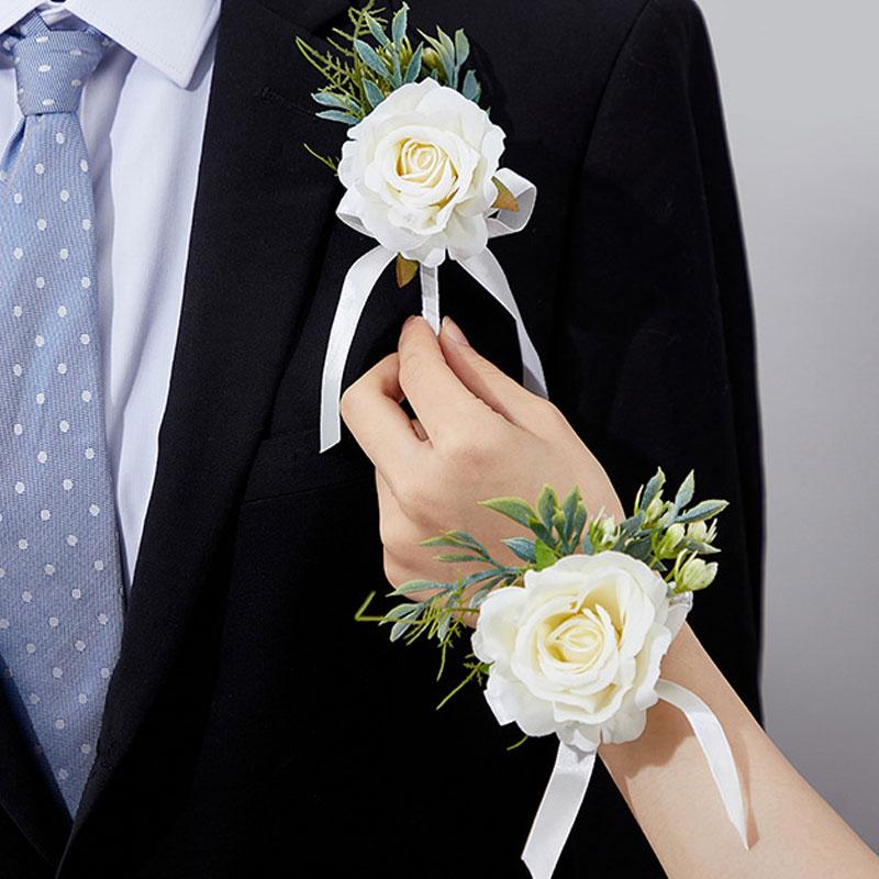 1 pz Fiore Artificiale Accessori Matrimonio Corsage da Polso Bottoniera Matrimonio Braccialetti per Damigelle Rose di Seta