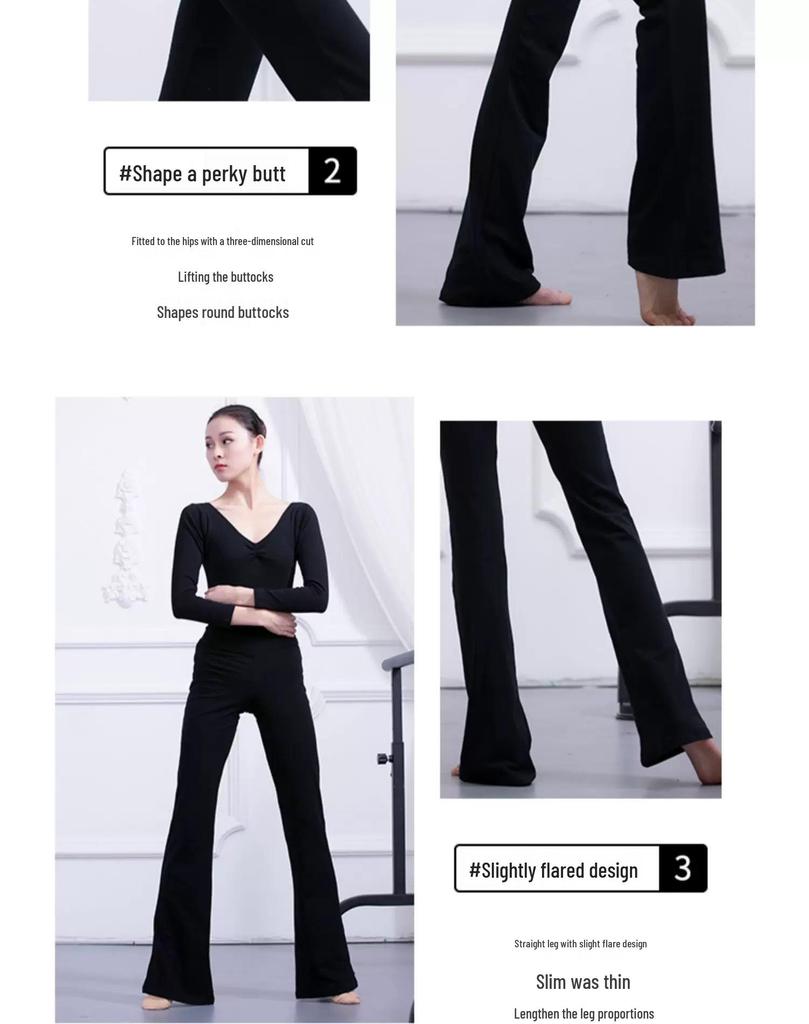 Svarta bomullsbyxor med utsvängda ben för damer, för träning - Klassisk, Folklig, Latin och Square