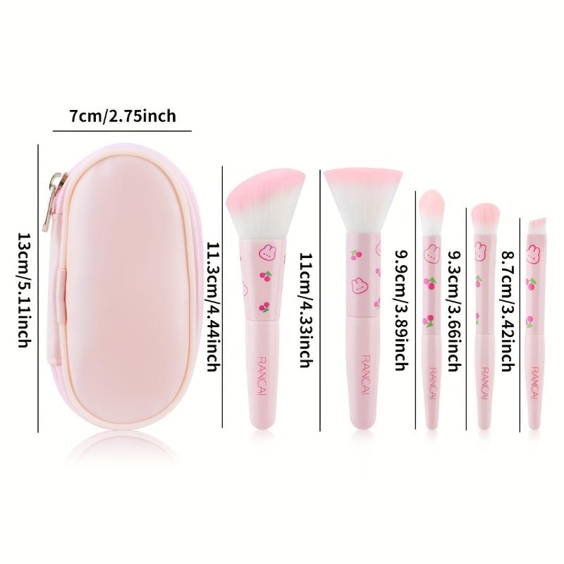 5Pcs Cute Compact Makeup Brush Set With Case Premium Brush For Flawless Foundation, Blush, Eyeshadow Application Beauty Tools