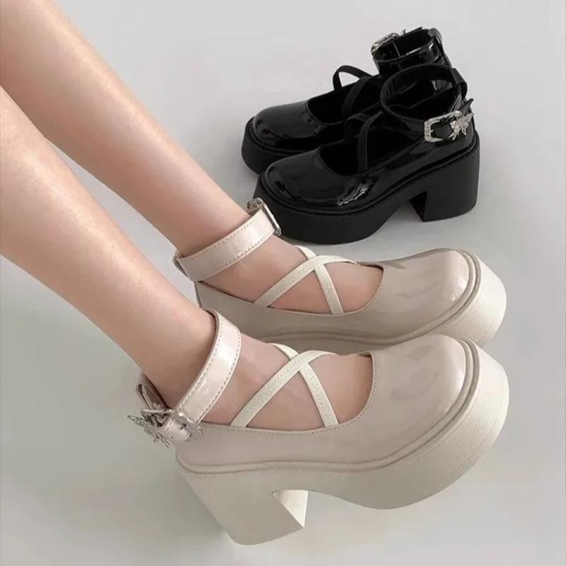 Chunky Platform High Heels Pumps Women 2025 Autumn Pu Leather Ankle Buckle Jane Shoes  Thick Heeled White Lolita Shoes