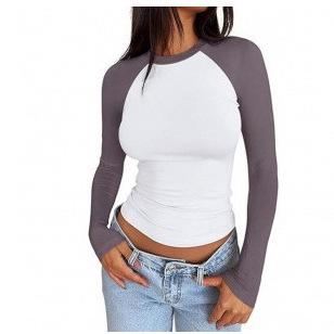 European and American T-shirt women's new sexy yoga hottie contrasting color round neck long-sleeved women's top