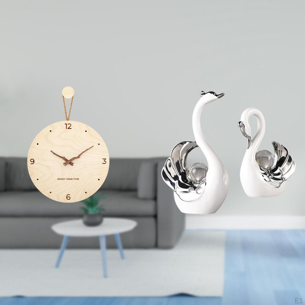 Minimalist Modern Nordic Wood Wall Clock And Swan Figurines Decorative Set for Bedroom Office Living