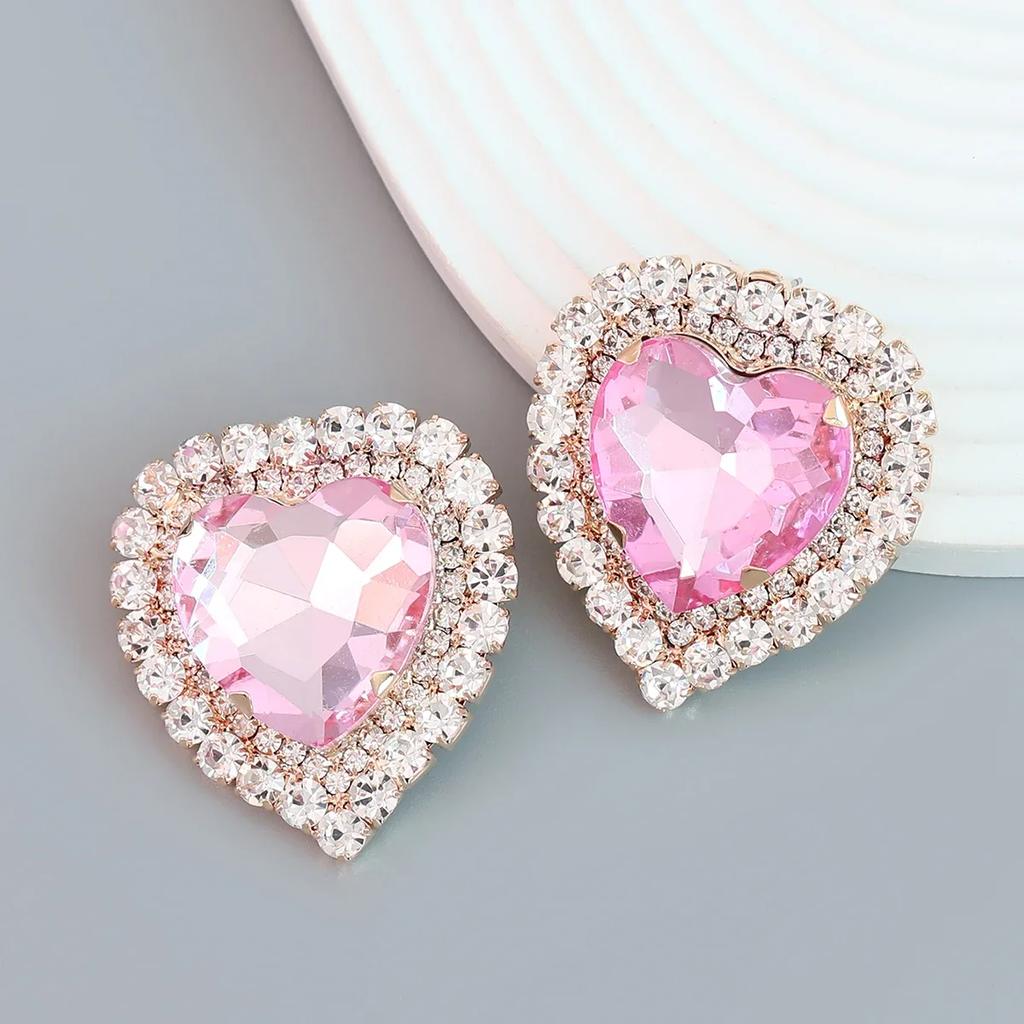 Spring 2024 New Metal Glass Rhinestone Heart Stud Earrings Engagement Party Luxury Jewelry Women's Elegant Shiny Accessories