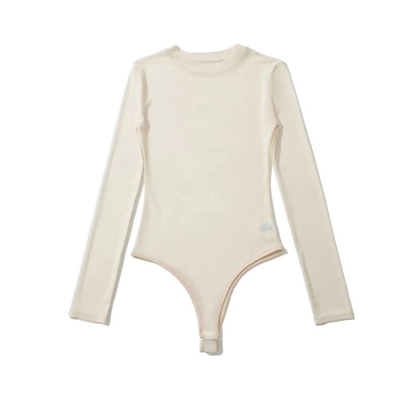 2024 Summer Mesh See-Through Round Neck Long Sleeve Bodysuit