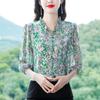 Spring/Summer New 3/4 Sleeve Floral Chiffon Shirt Fashion Ruffle Print Wood Ear Collar Top Blouse Blusas