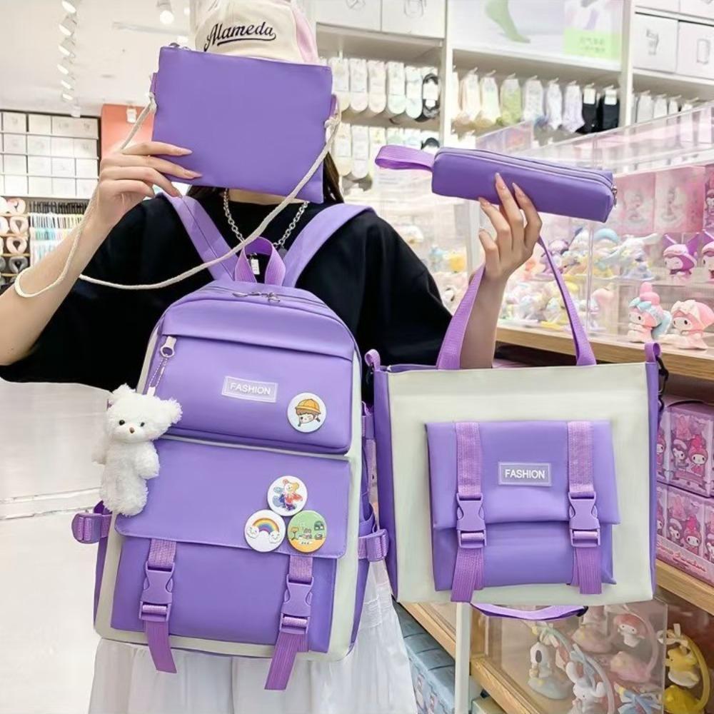 New schoolbag backpack women's Korean version canvas large capacity five-piece set middle school student backpack student schoolbag women