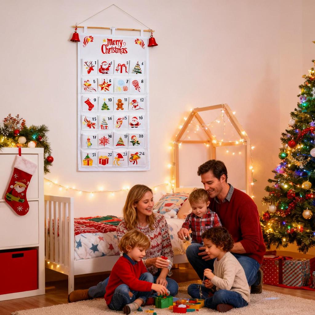 Fabric Christmas Advent Calendar Christmas Countdown Calendar Reusable Wall Hanging Ornaments with 24 Pockets Party Supplies