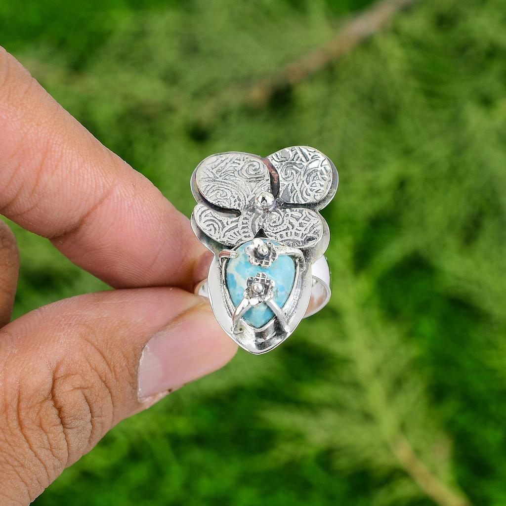 Mothers Day Deal 925 Sterling Silver Larimar Stone Promise Flower Ring Jewelry