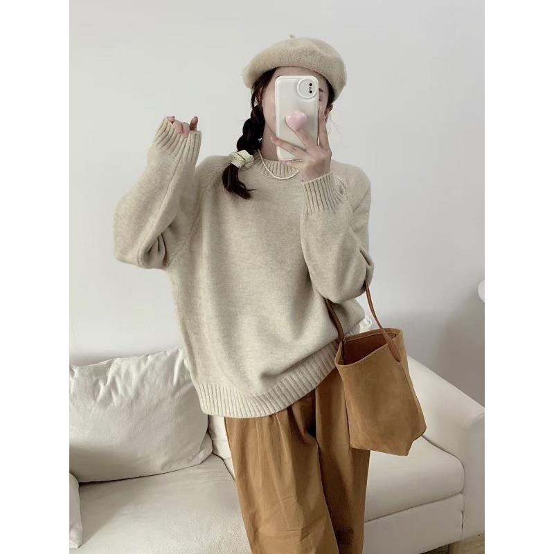 

Loose casual style knitted sweater women s autumn and winter new solid color fat MM pullover long sleeve sweater women one size fits all хаки