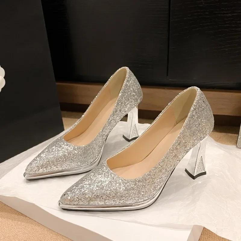 2025 New Hot Selling Women's Shoes Wedding High Heels Office Party Sequined Shiny  Sandals Zapatos