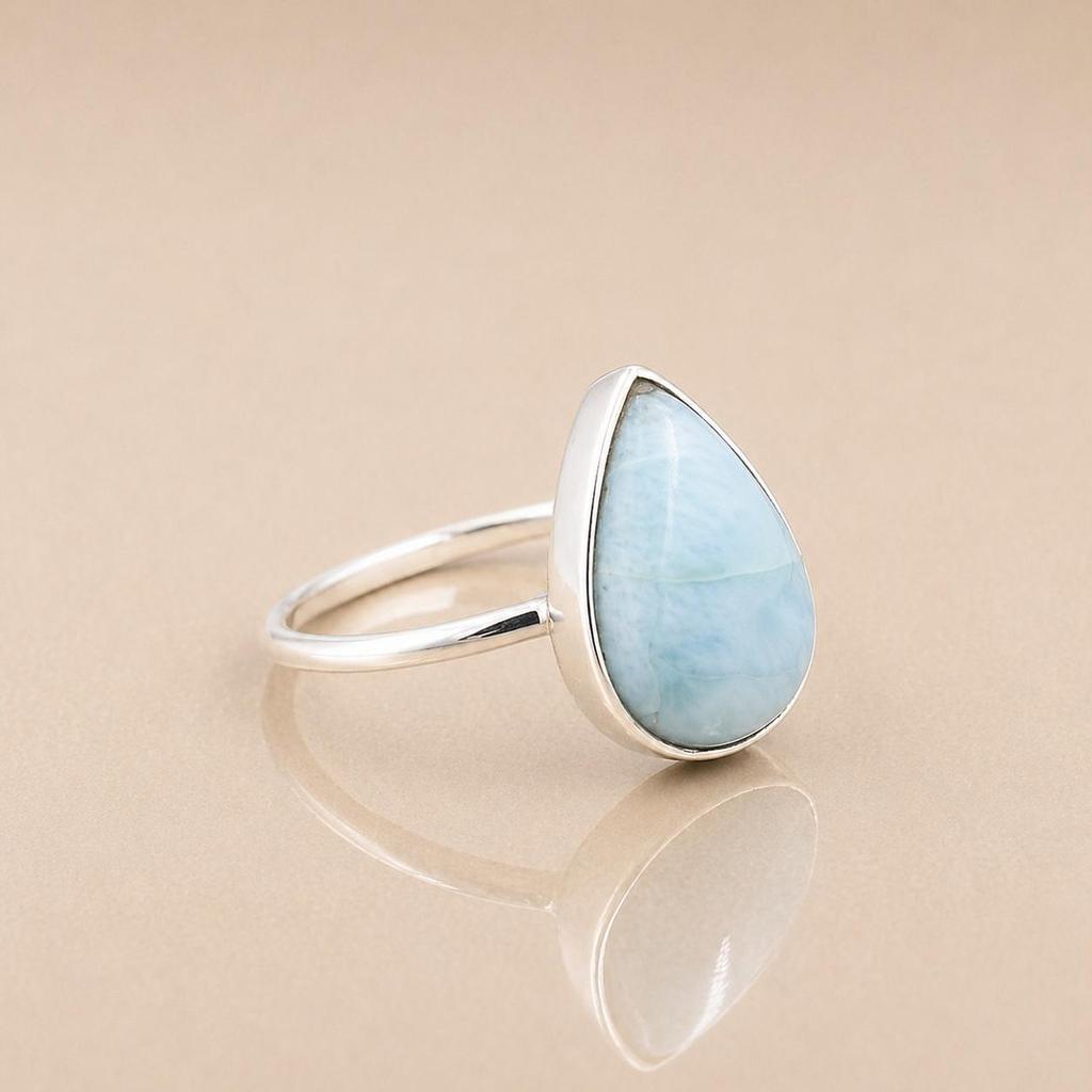 Anello Larimar in Argento Sterling 925, Anello con Pietra Larimar a Forma di Goccia, Gioielli Minimalisti Fatti a Mano, Anello con Pietra Blu Oceano