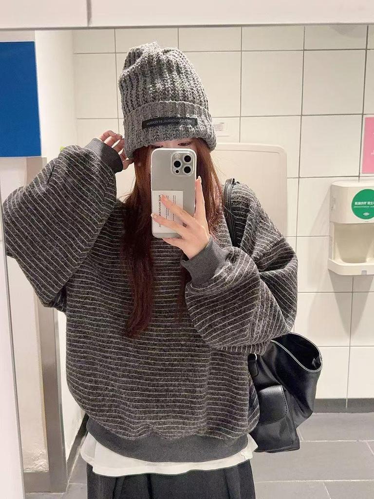 Women's 2025 Autumn Retro Striped Crew Neck Sweatshirt – Korean Style Loose Fit Trend