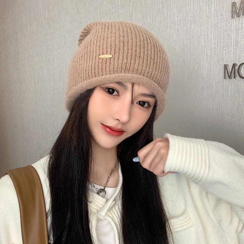 

Белая плюшевая шапка для женщин, вязаная шапка-колпак из кроличьей шерсти, осенне-зимняя шерстяная шапка-бандана для послеродового периода, теплая шапка от холода M（56-58cm）