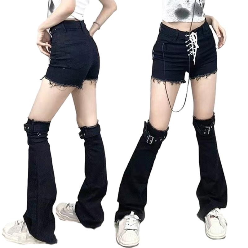 Damen Used Look Schwarze Jeans Beinwärmer mit Ösenriemen Y2K Punk Schlag Über Knie Socken Beinabdeckung Ärmel Streetwear