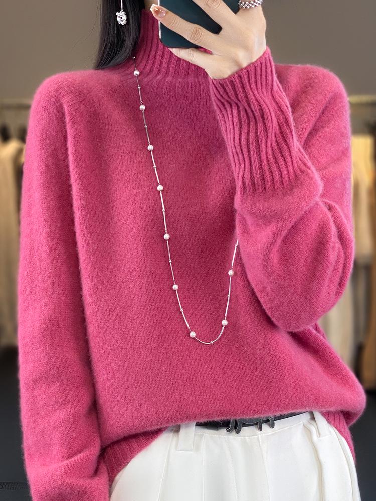 Women's High Neck 100% Wool Sweater - Loose Knit, Thick, Versatile, Cozy Base Layer for Autumn & Winter