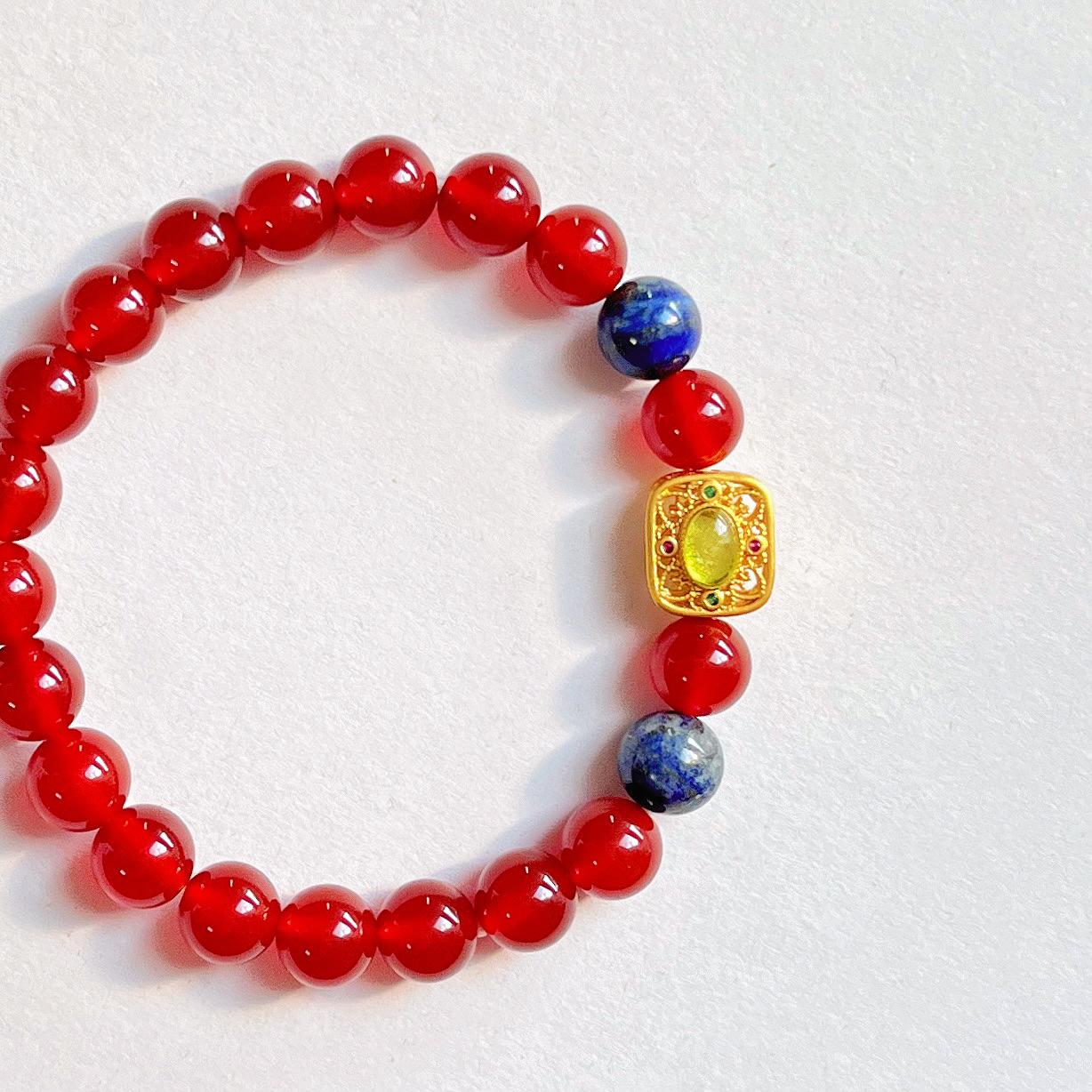 8Mm Natural High Quality Pigeon Blood Red Chalcedony Lapis Lazuli Design Bracelet Bracelet