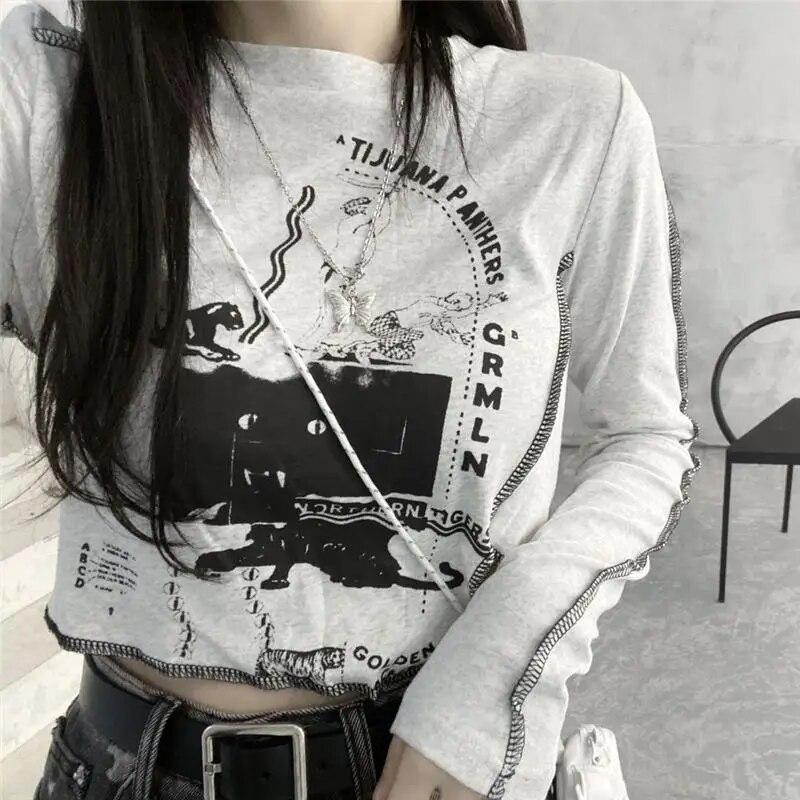 VAYLA Gothic Goth Style Tshirt Women Autumn Long Sleeve Grunge Crop Tops Vintage T-shirt Harajuku Tees Streetwear Clothes Punk