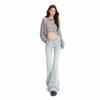 Autumn light blue tight and slightly pulled jeans women's high-waisted slim-fitting and thin elastic floor-mopping bell pants