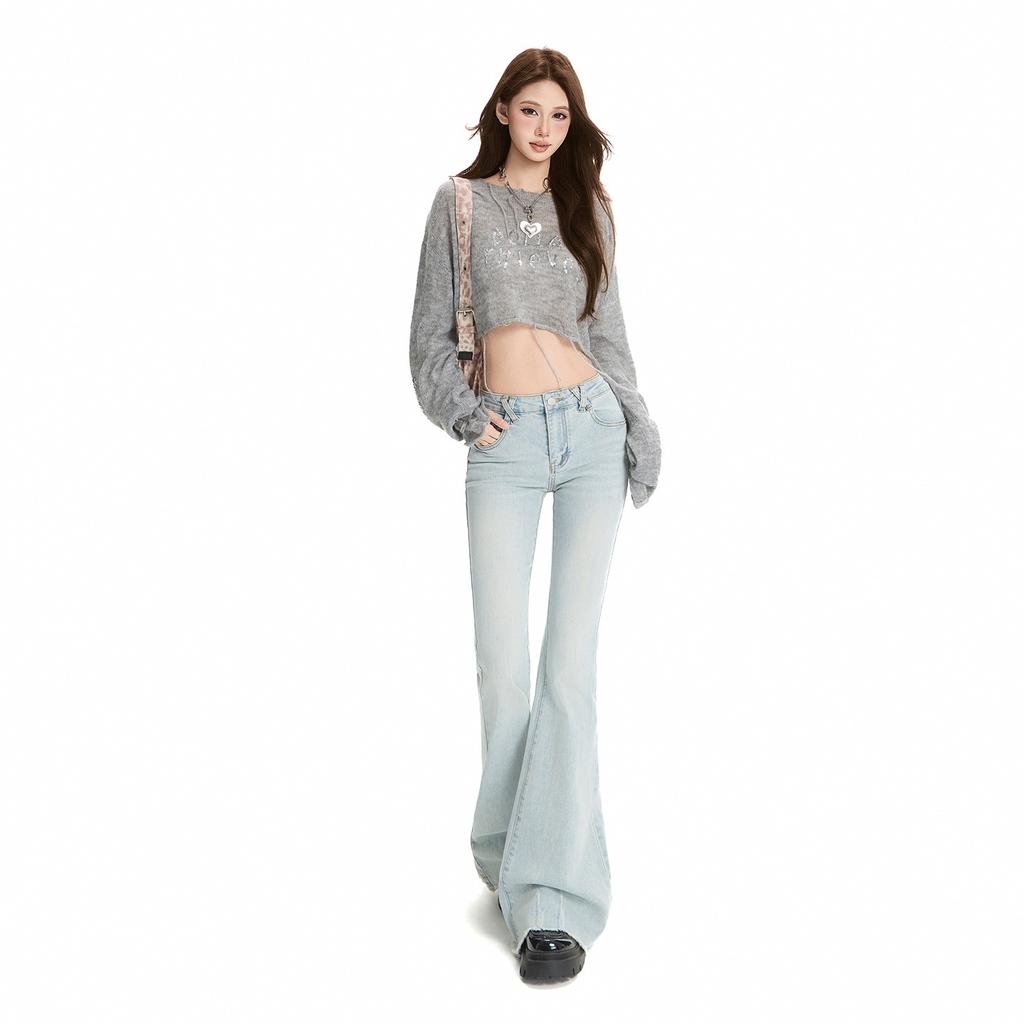 Autumn light blue tight and slightly pulled jeans women's high-waisted slim-fitting and thin elastic floor-mopping bell pants