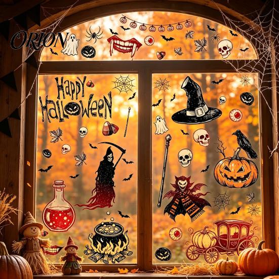 Removable Holiday Window Art 9PCS Halloween Static Stickers, Gothic Silhouette Decals, Reusable Waterproof PVC Wall Murals Horror for Glass