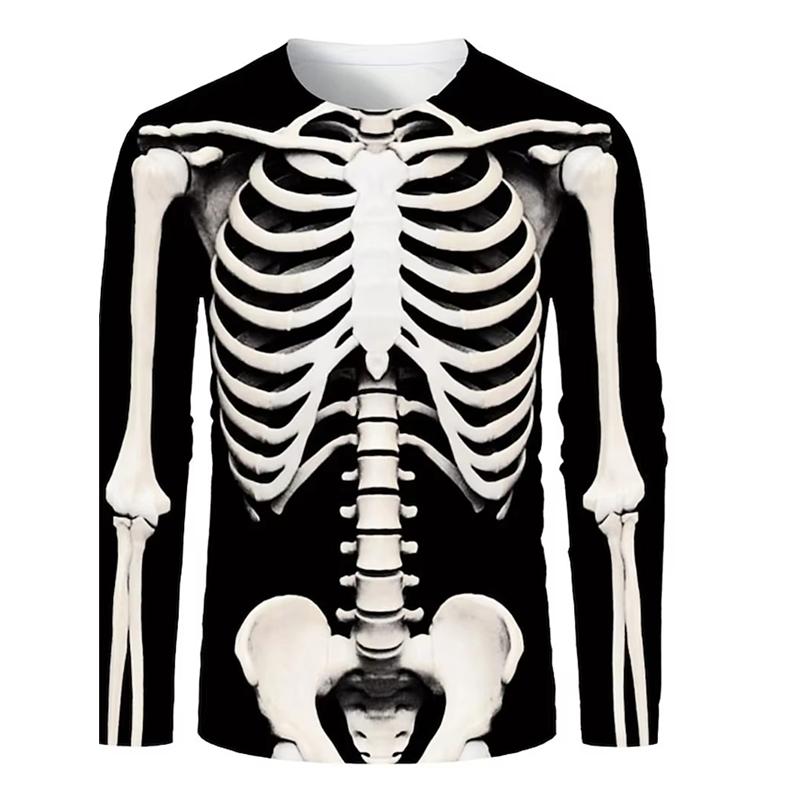 Spring and Autumn Round Neck 3D Skeleton Skull Pattern Printed Top Fashionable Casual Long Sleeved Men's T-shirts