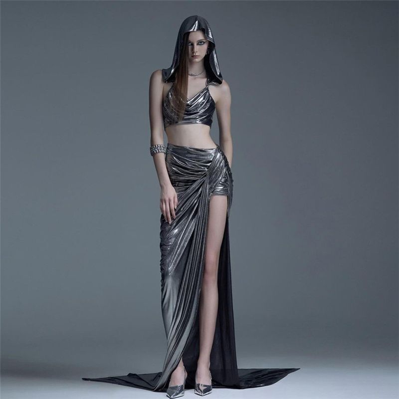 

# Sisjuly# Silver Pearly Lustre Swing Collar Hooded Open Back Tops Pleated High Waist Mop Two-Piece Overskirt Suit Women Tops(K24L57053) S