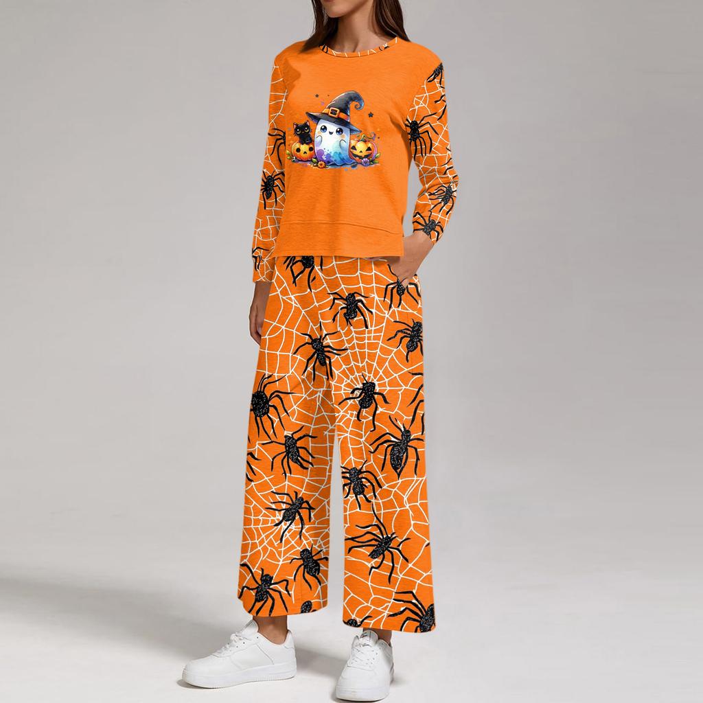 Women's Casual Round Neck Loose Fit Sweatshirt and Pants Set with Halloween Print Hem Slit for Halloween