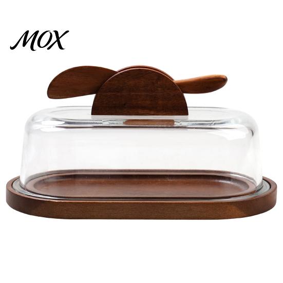Rectangular Butter Server with Lid Wooden Dish Glass And Knife, Holder for Kitchen Food Storage Container Countertop & Refrigerator, Keeper