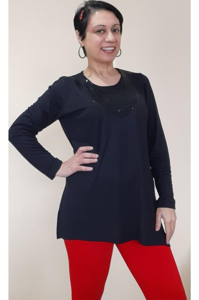 Women's Style Big Size T-Shirt Black Combed Cotton Viscose T-Shirt With Sequin Palette Detail On The Front