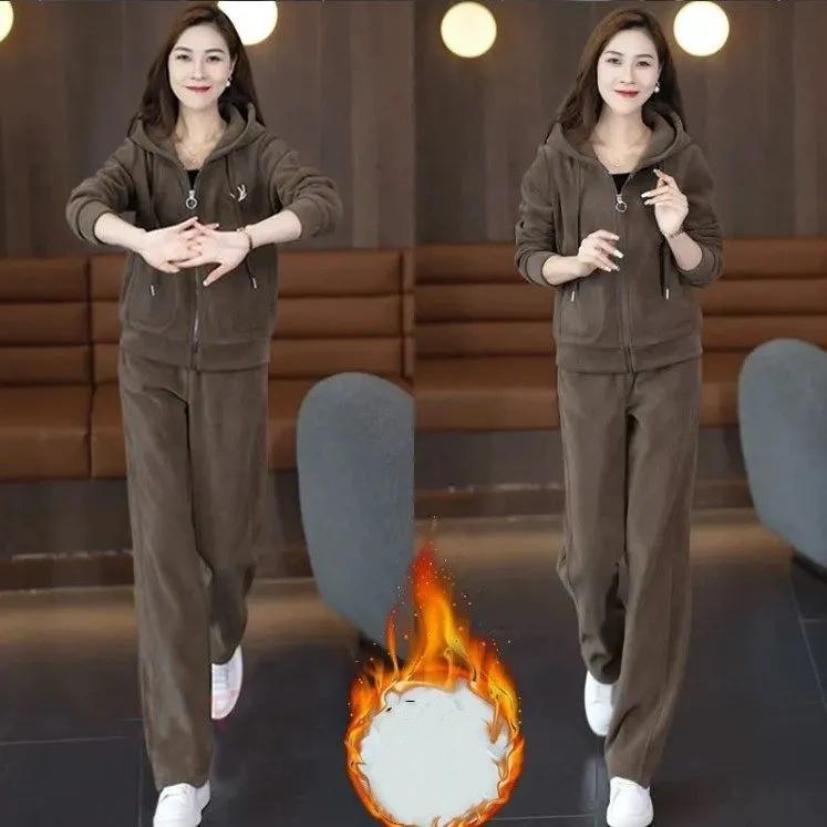 Plus Velvet Thickened Winter Casual Western Style Loose Hooded Sweater Sportswear Suit Mother Two-piece Winter