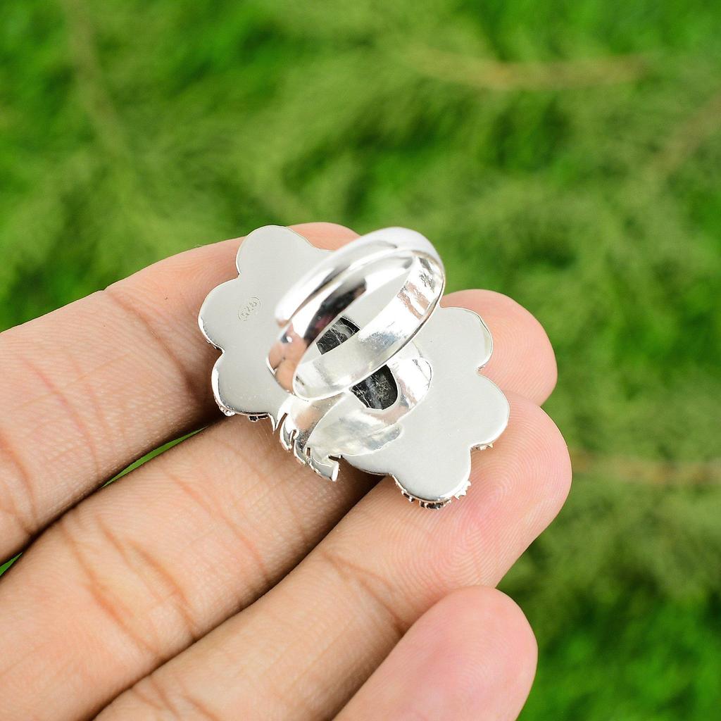 Gift For Her Natural Chrysanthemum Multi Stone Flower Adjustable Ring 925 Silver