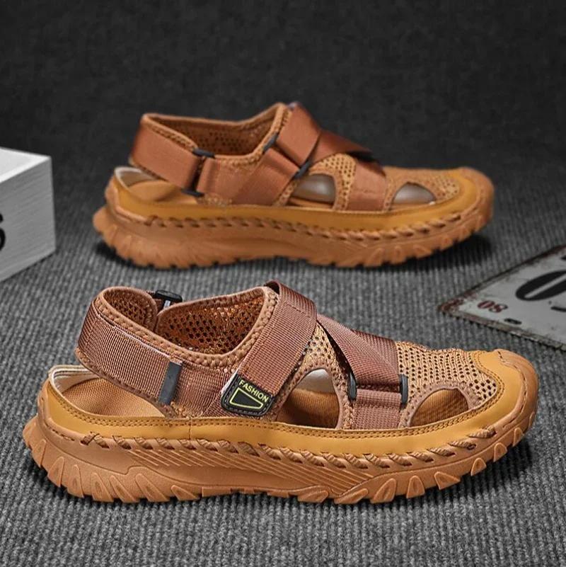 

Летние мужские сандалии 2025 года, мужская повседневная обувь из натуральной кожи, уличные мужские кожаные сандалии для мужчин, пляжная обувь 38 коричневый