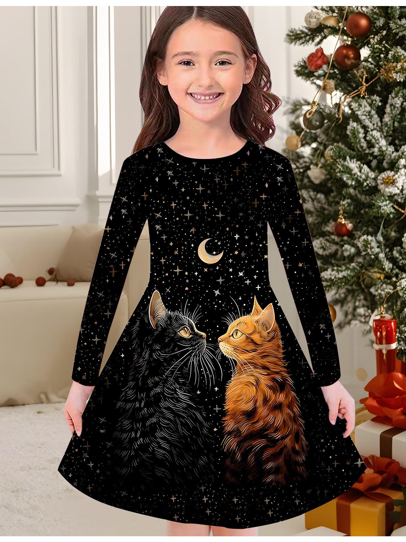 

Модное осенне-зимнее платье для девочек, с 3D принтом котенка, с круглым вырезом, длинное, детское платье-футболка, повседневное, универсальное, рождественская одежда 170 оранжевый