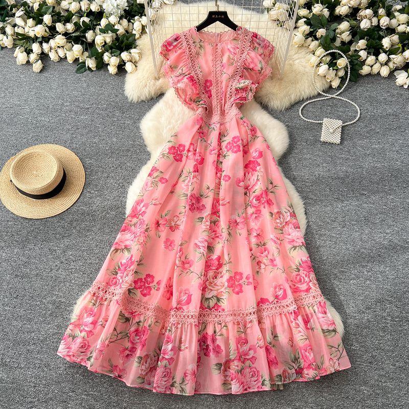 French Style Elegant Dress Women 2025 New Retro Lace Stitching Waist Hugging Temperament Print Frill Long Skirt
