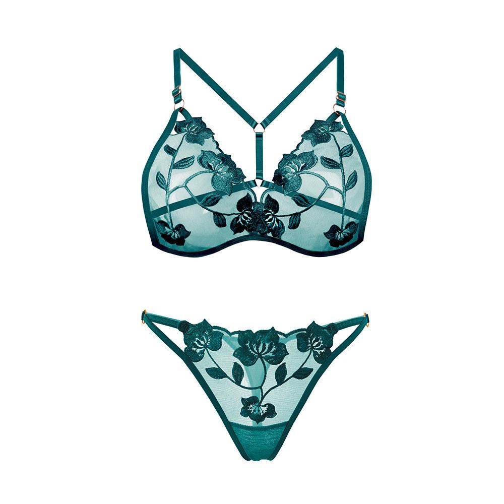 Women’s Lace Embroidery Sexy Underwear Set Adjustable Bra/panties Mesh See Through Lingerie Set Breathable Soft Comfortable Lingerie Set for Female