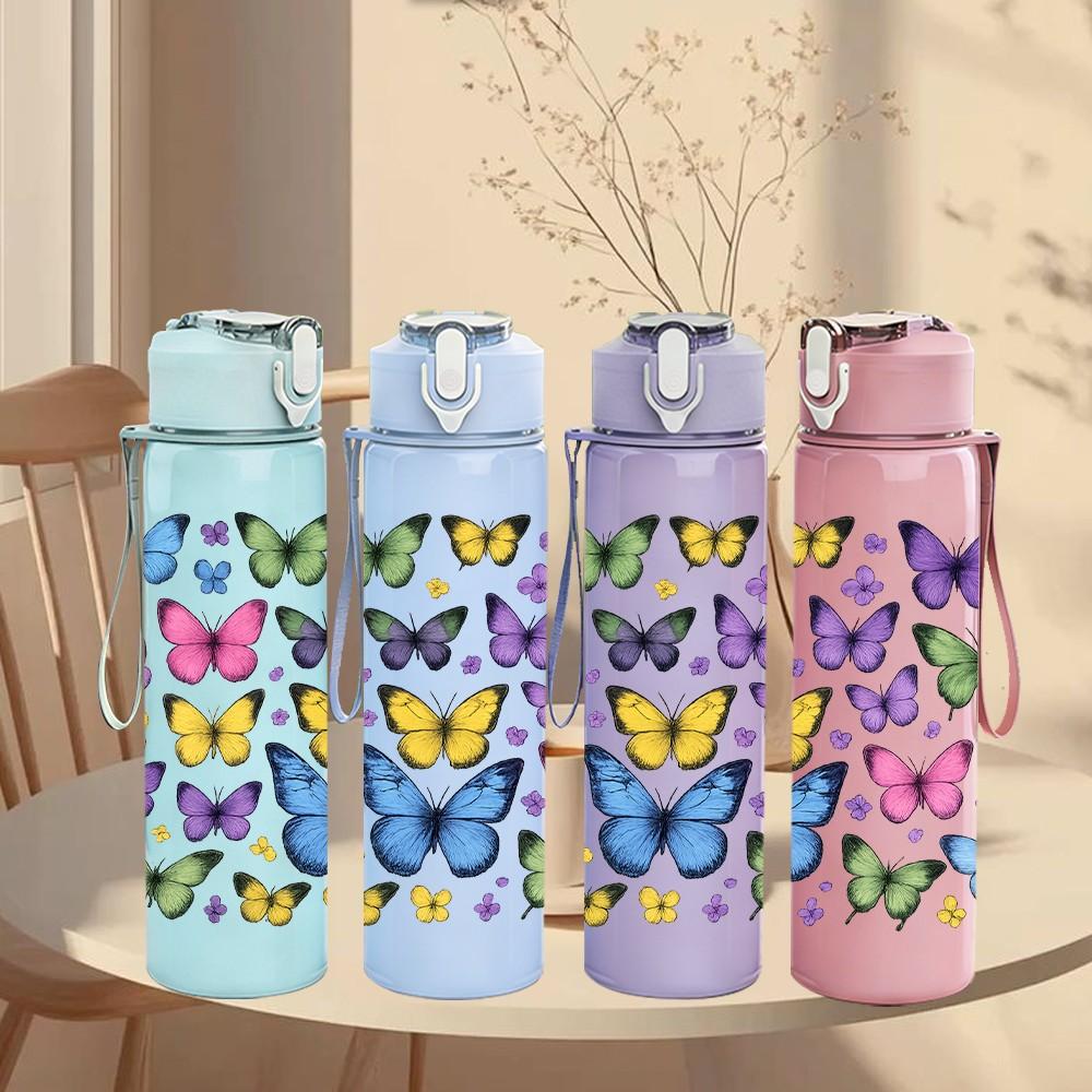 1PC Multicolor Butterfly Dense Pattern Print 750ml Color Plastic Sports Water Bottle Leakproof Flip Straw Lid Suitable for Sports Office Home Use