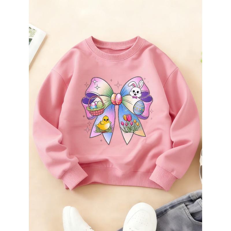 Kids Crewneck Sweatshirt, Cute Easter Print with Bow, Rabbit & Easter Eggs, Top for Autumn Winter