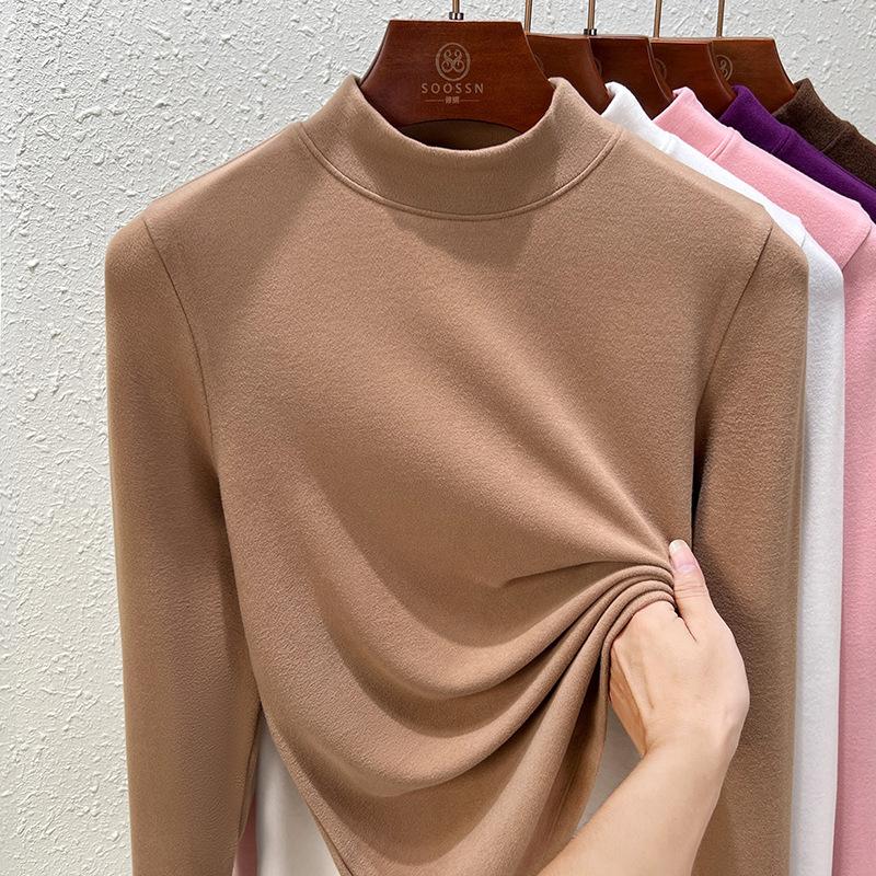 Crew neck German velvet bottoming shirt women's spring and summer new double-sided integrated velvet thickened slim-fitting long-sleeved inner top