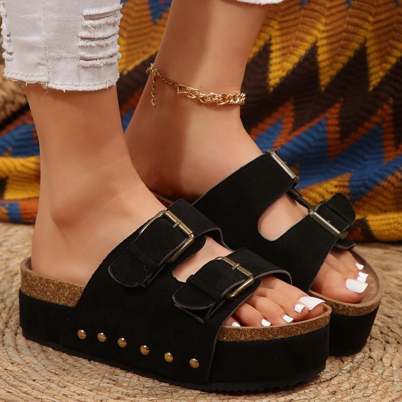 New Spring Summer Women's Plus Size Chunky Sole Birkenstock Style Rivet Metal Buckle Strap Beach Slide Sandals
