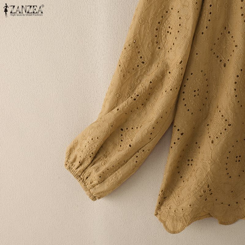 ZANZEA Women Casual V-Neck Long Sleeve Loose Lace Crochet Patchwork Blouse