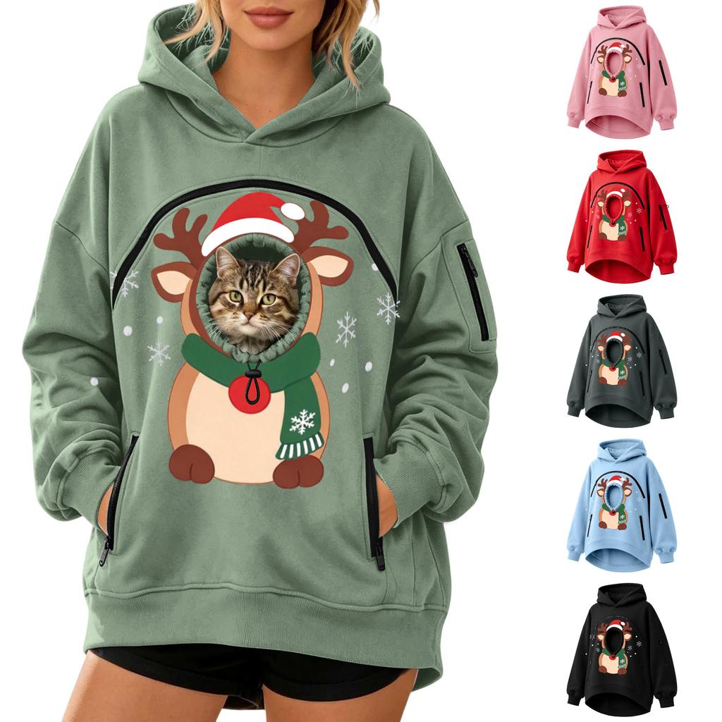 Damenmode Weihnachtsdruck Haustier-Taschen-Sweatshirt, Lockerer Drop-Shoulder-Pullover-Hoodie