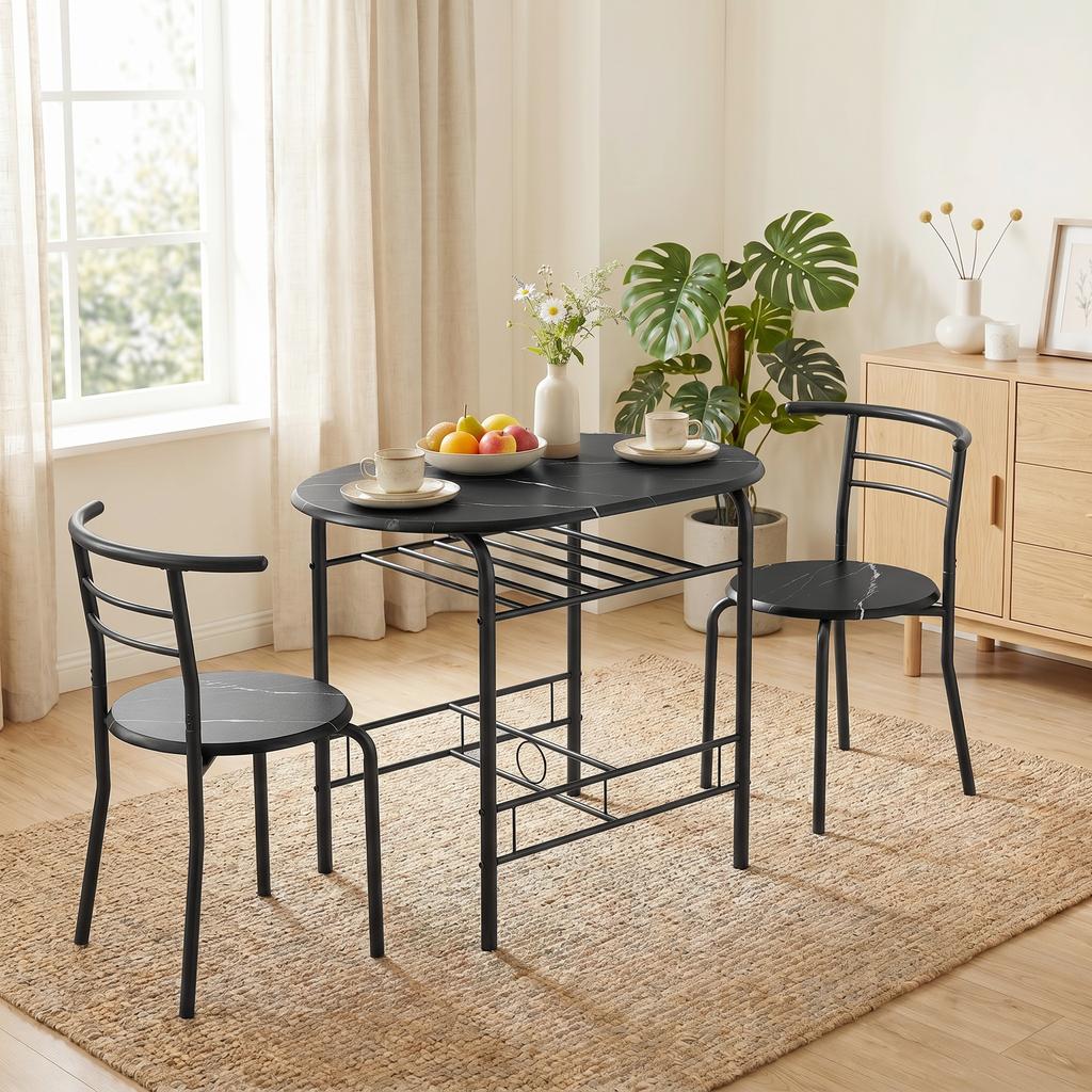 3-teiliges Esszimmer-Set, Küchentisch und Stühle für 2 Personen mit Regal, Wohnzimmer, Schwarze Marmoroptik