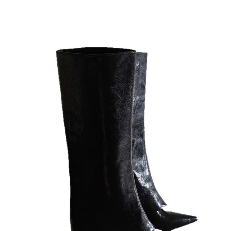 New Pointed-toe Straight Thigh-high Boots, Oversized Thick-heeled Trouser Boots, Women's Boots, Women's Shoes